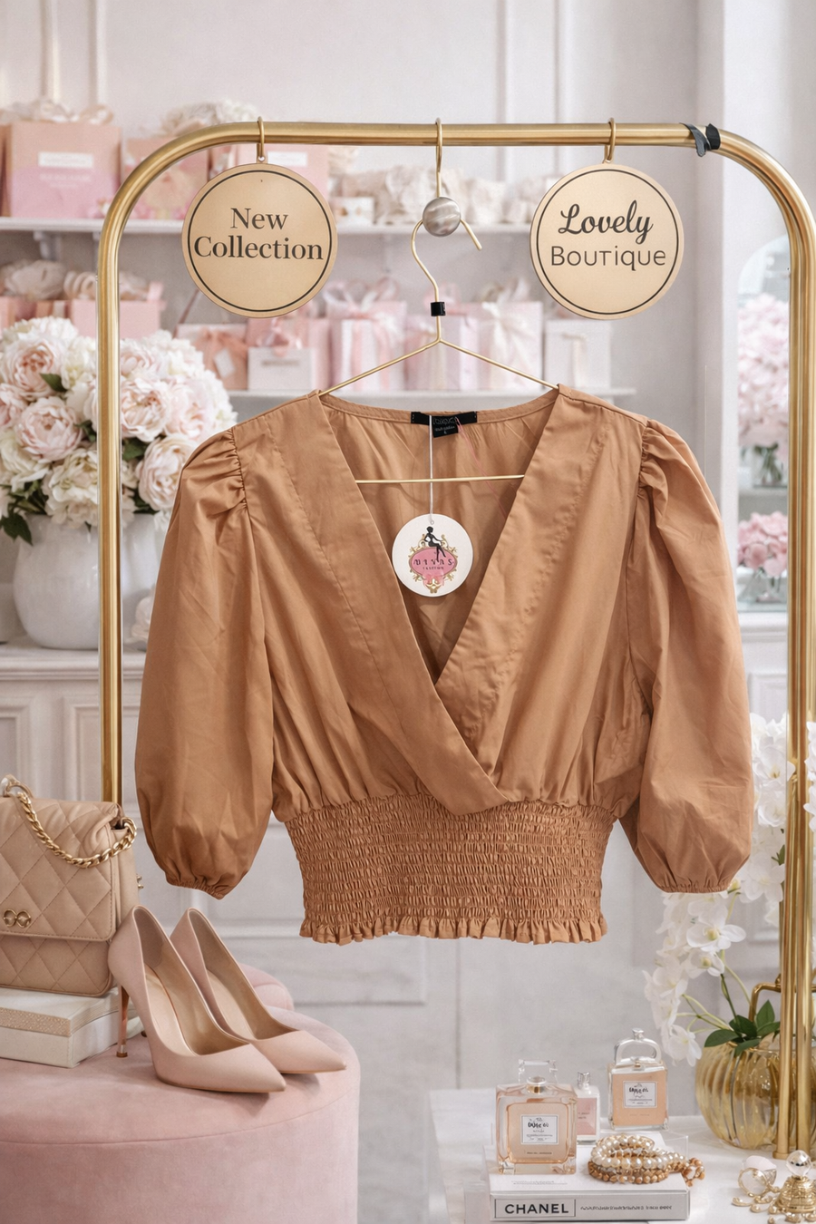 Beige Ruffle Elastic Blouse