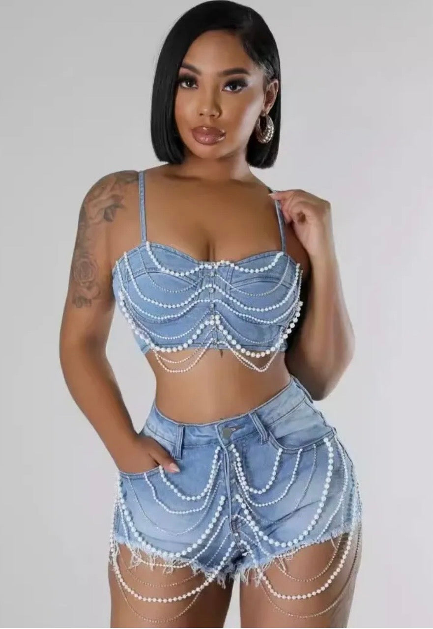 Denim sexy rhinestone two piece set