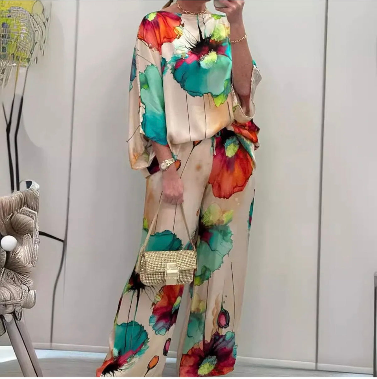 Turquoise Satin Floral Two- Piece