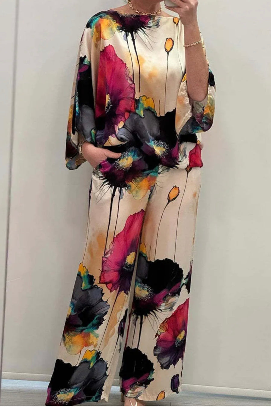 Black Satin Floral Two- Piece Set ￼